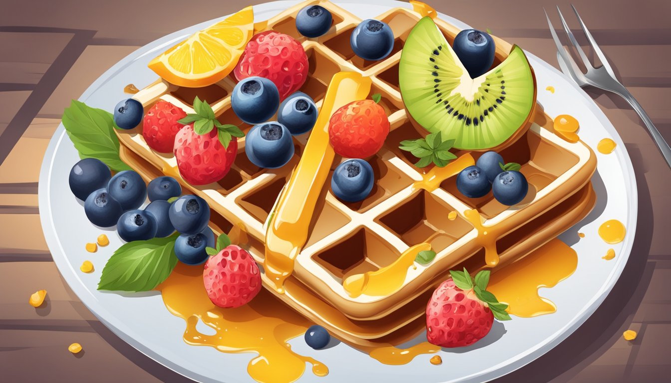 A plate with a golden waffle topped with a variety of fresh and cooked fruits, drizzled with syrup