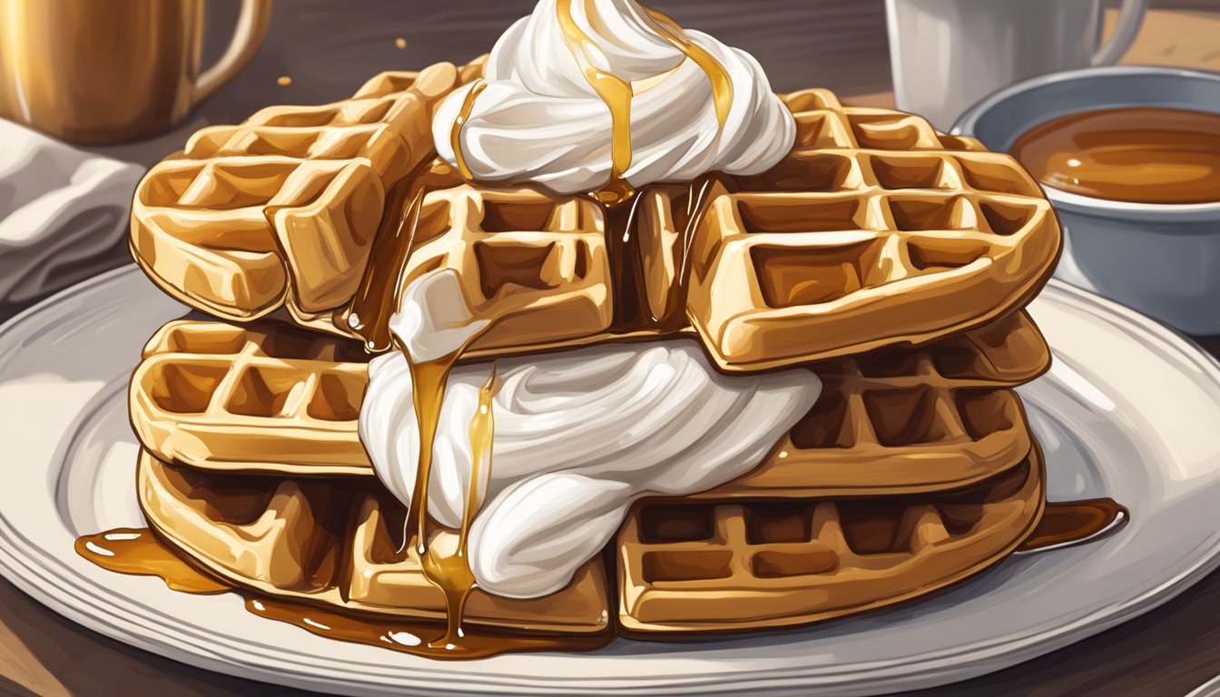 A golden waffle sits on a plate, topped with a dollop of whipped cream and drizzled with maple syrup