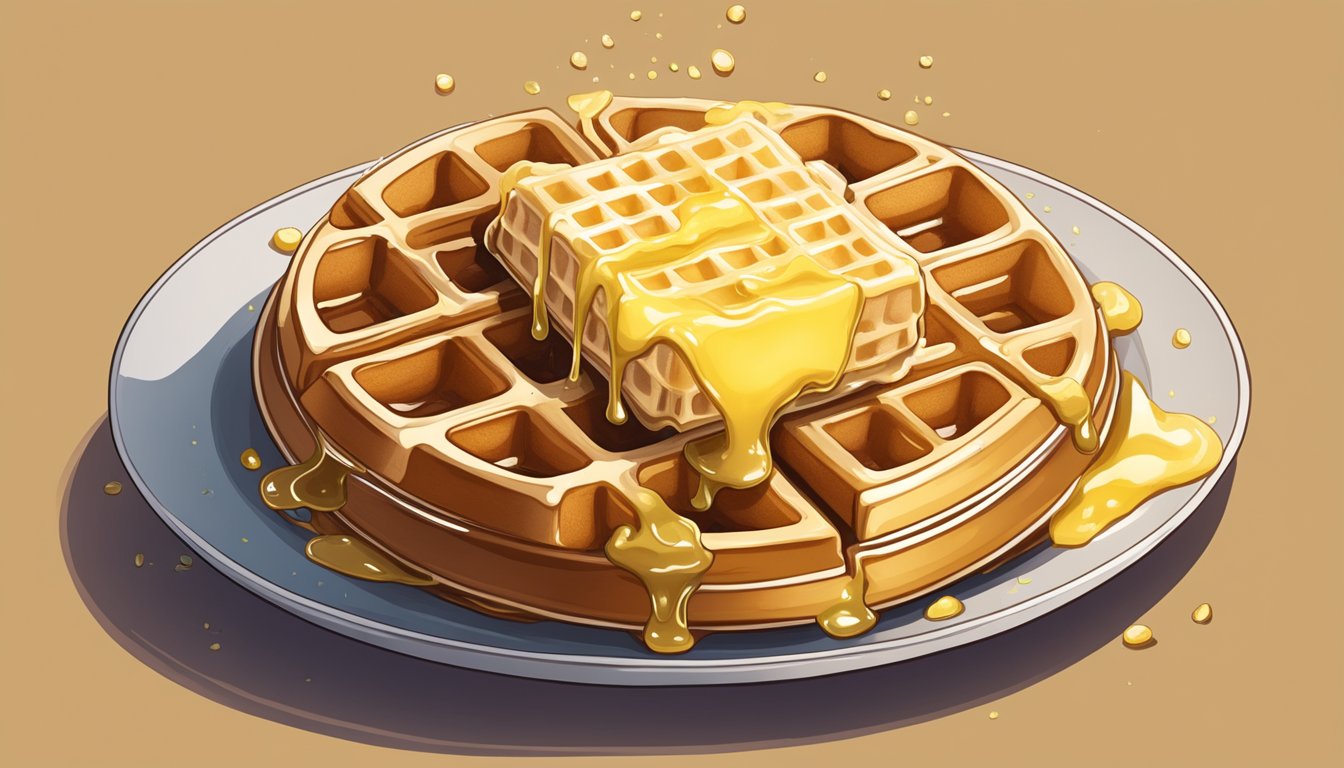 A golden waffle sits on a plate, drenched in syrup with a dollop of butter melting on top