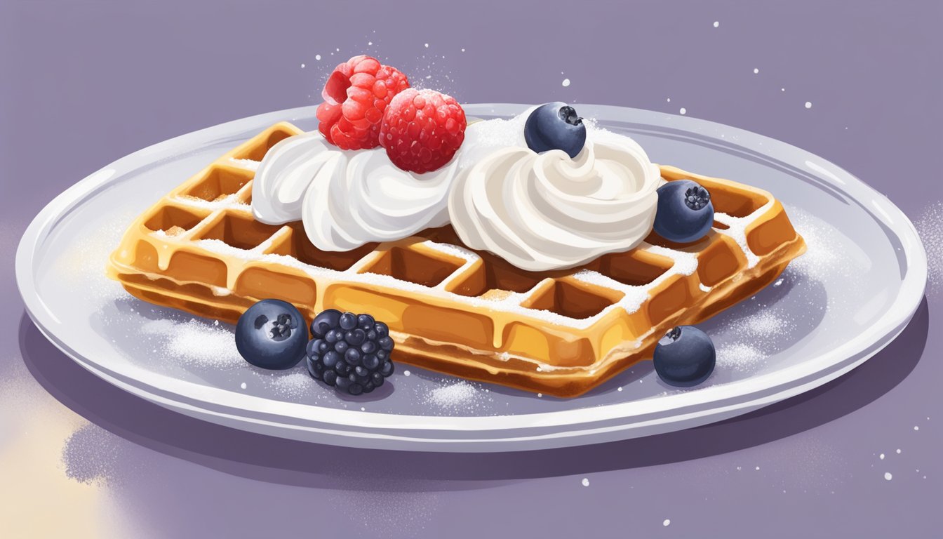 A golden waffle sits on a plate, drenched in syrup and topped with a dollop of whipped cream, surrounded by fresh berries and a dusting of powdered sugar