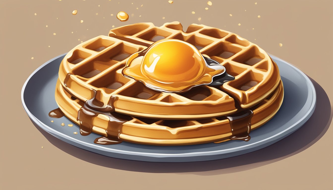 A waffle sits on a plate with a dollop of syrup dripping down its golden, crispy edges