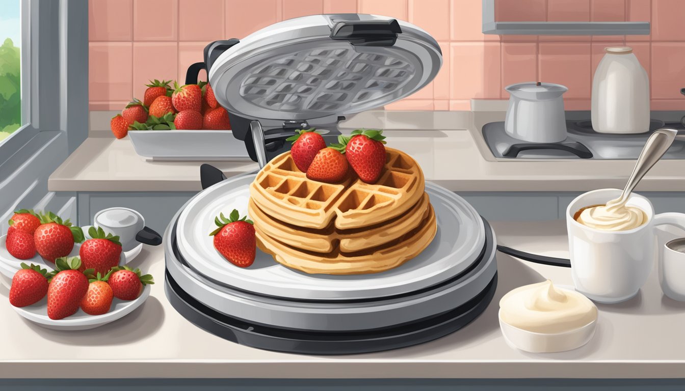 A waffle iron sits on a kitchen counter, surrounded by fresh strawberries and a dollop of whipped cream