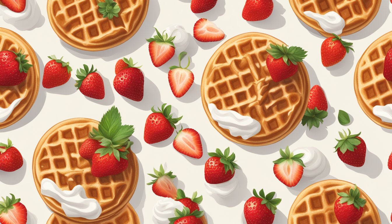 A waffle topped with fresh strawberries and a dollop of cream, surrounded by a scattering of additional strawberries