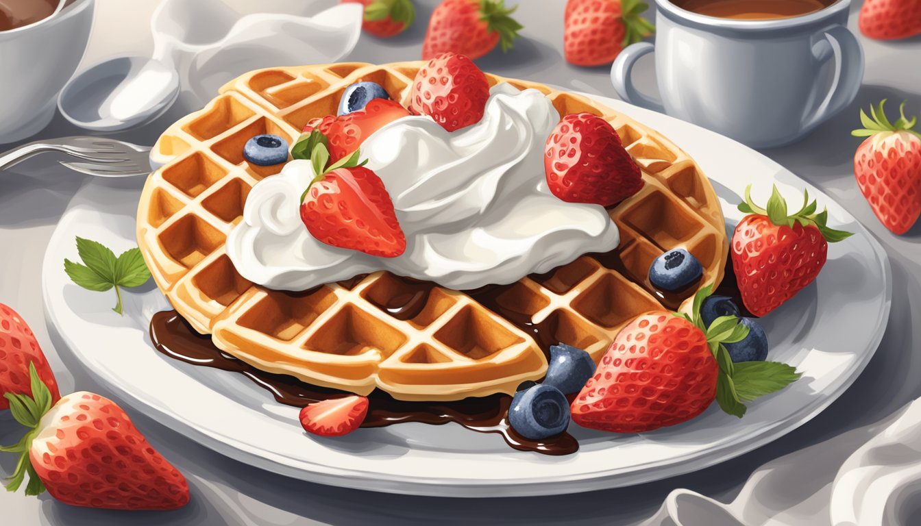 A waffle topped with sliced strawberries and a dollop of cream, on a white plate with a decorative drizzle of syrup