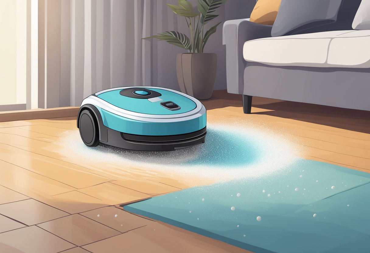 Un aspirateur robot nettoyant un liquide renversé tout en aspirant simultanément la poussière et les débris du sol.