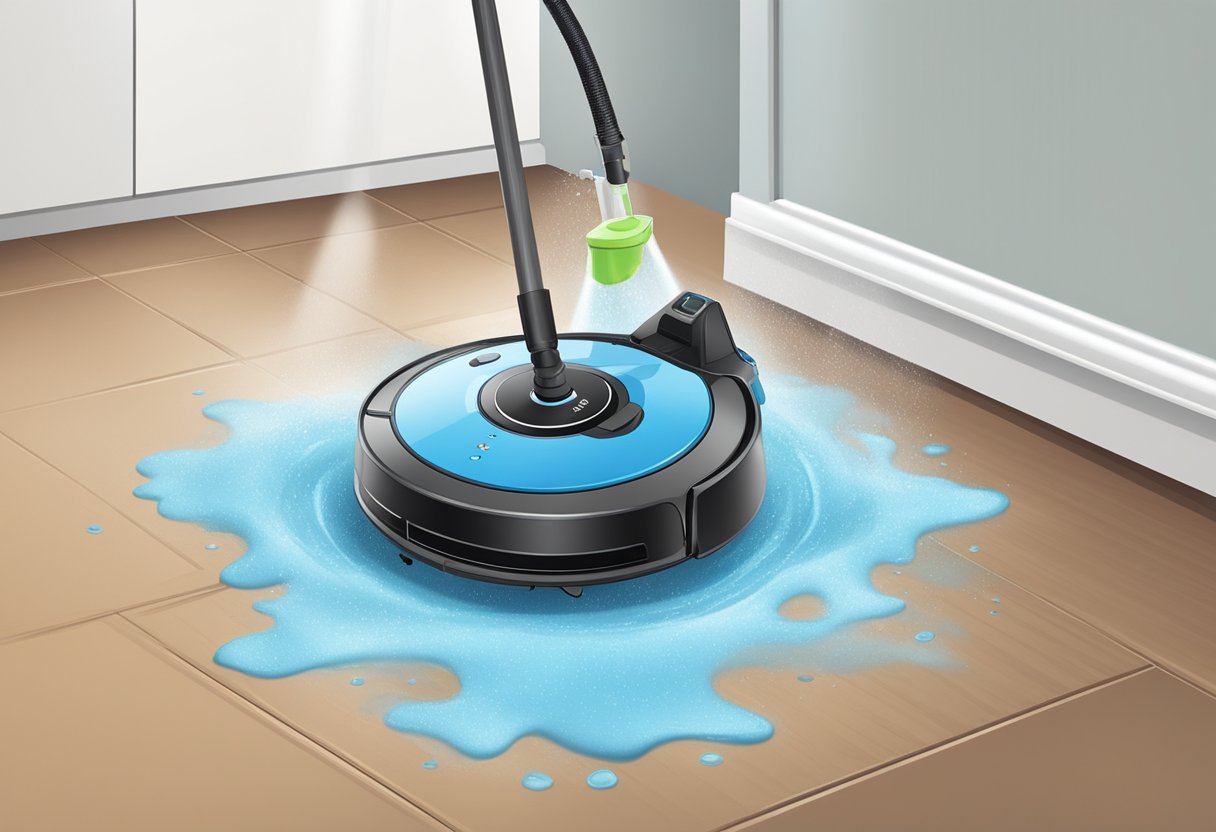 Un robot aspirateur laveur nettoyant un sol sale, avec de l'eau et une solution de nettoyage étant distribuées de son réservoir pendant que les brosses et le mécanisme d'aspiration fonctionnent simultanément.