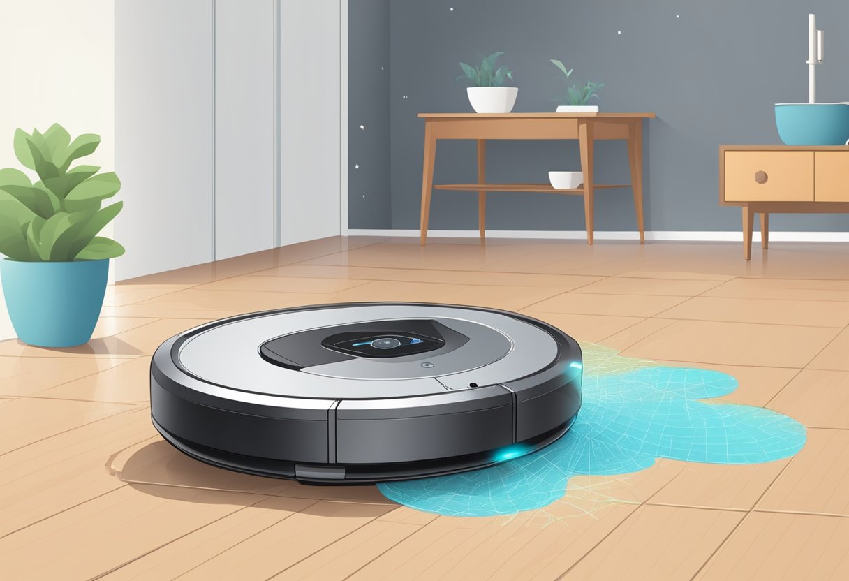 Un robot aspirateur qui nettoie le sol tout en utilisant une technologie de navigation et de cartographie.