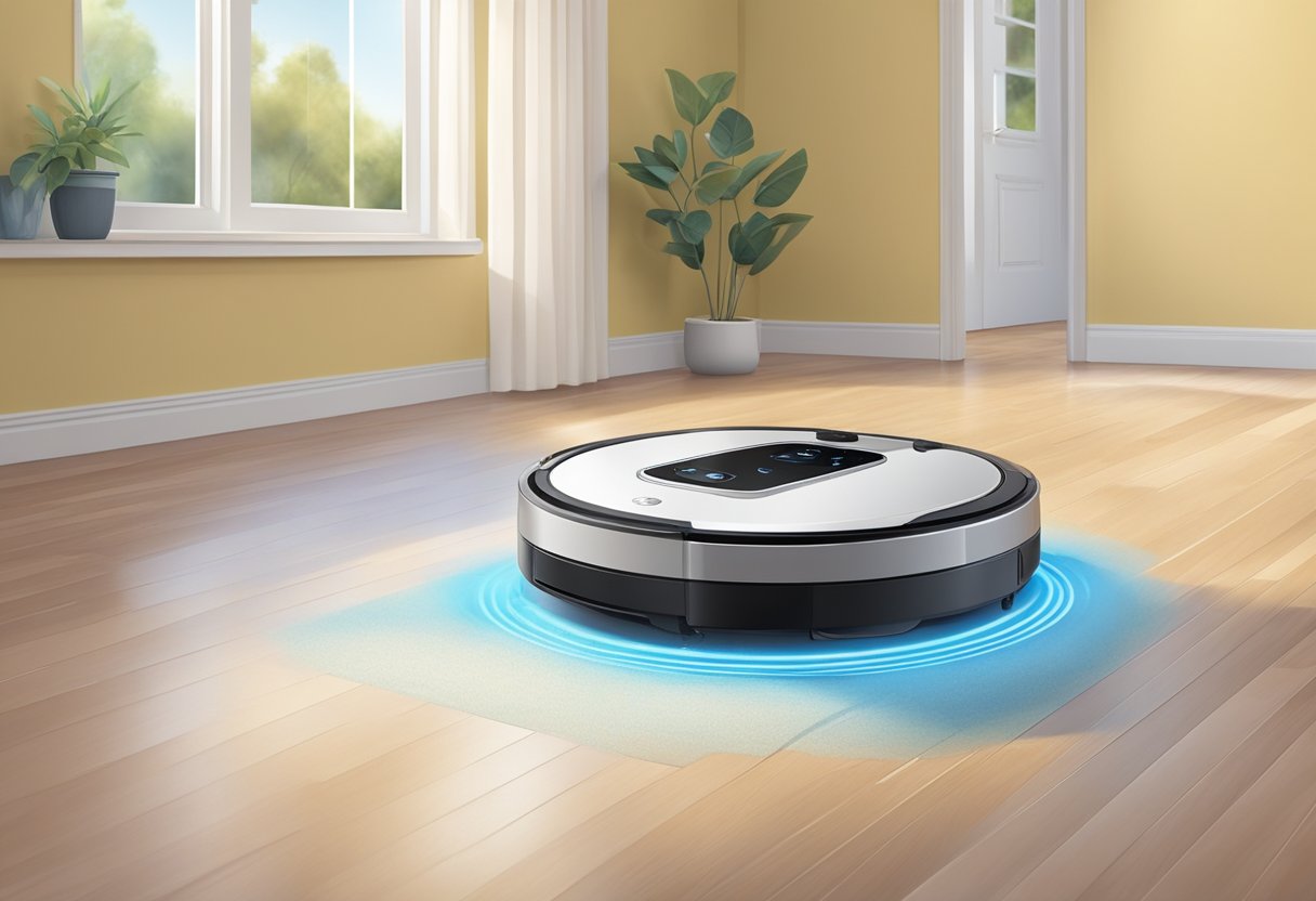 Un robot aspirateur-laveur navigue à travers une maison intelligente, passant sans effort d'une surface de sol à l'autre, tout en évitant les obstacles et en nettoyant efficacement l'espace.