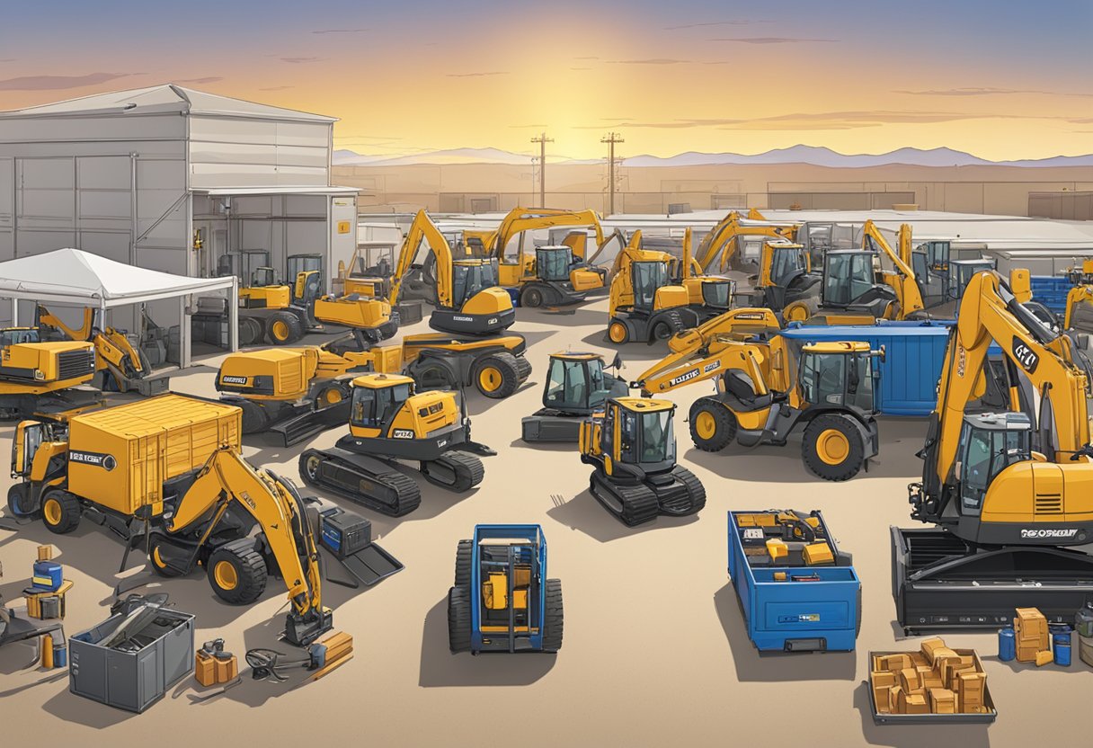 A bustling equipment rental yard in Pueblo, Colorado, with various tools, machinery, and vehicles neatly organized and ready for use