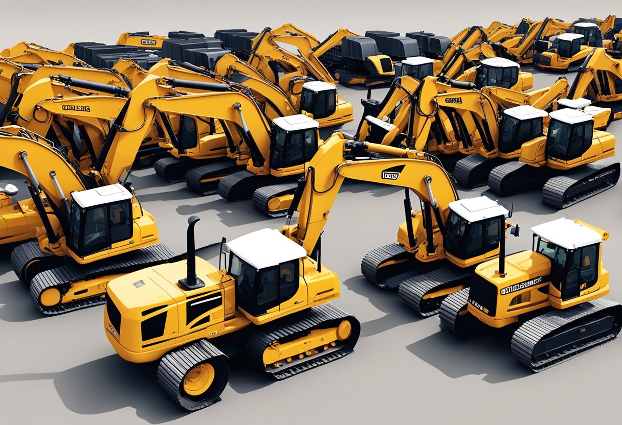 Various construction equipment lined up at a rental yard in Pueblo, Colorado. Excavators, bulldozers, and other machinery are available for rent