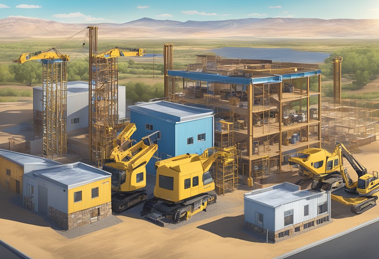 A construction site with various types of lifts available for rent, set against the backdrop of the scenic Pueblo, Colorado landscape