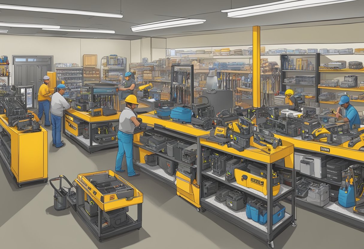 A busy equipment rental shop in Pueblo, Colorado, with various small tools and equipment on display and customers browsing the selection