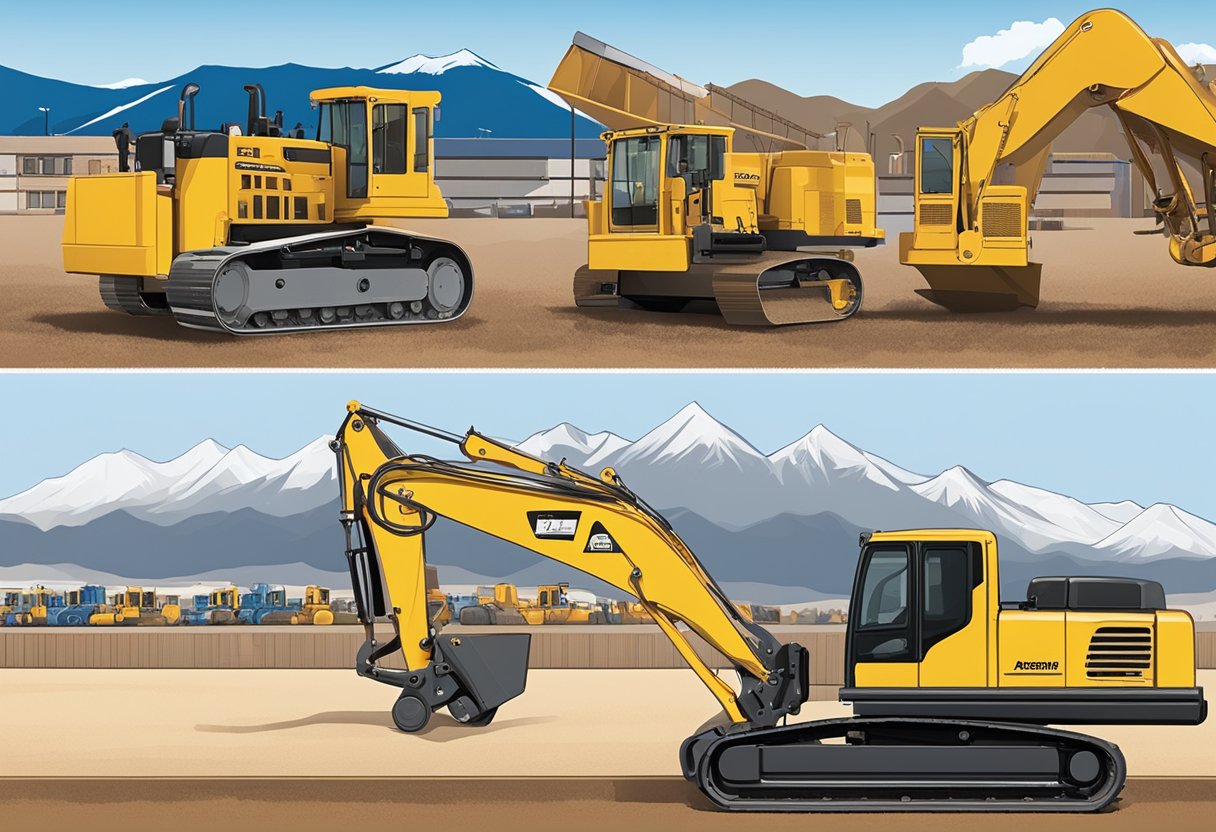 Various construction equipment lined up at a rental yard in Pueblo, Colorado, with mountains in the background