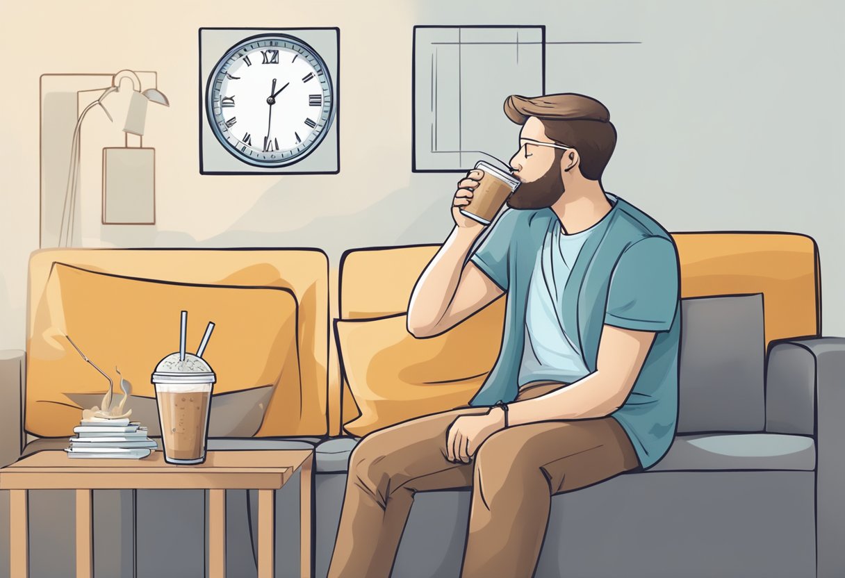 A person sits on a couch with gauze in their mouth, holding a cold iced coffee with a straw. A clock on the wall shows the time as 48 hours post-surgery