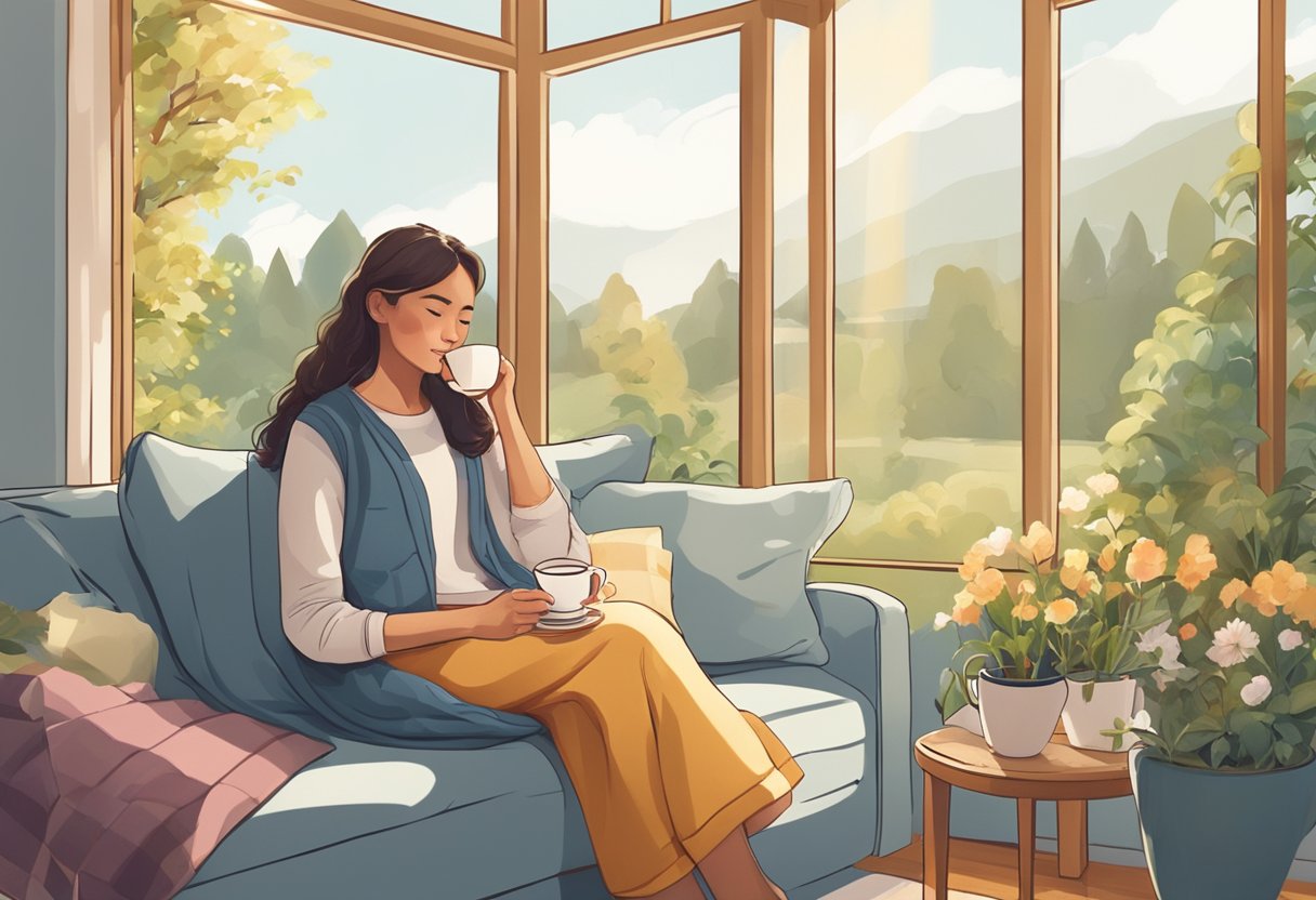 A person sitting on a comfortable couch, surrounded by pillows and blankets, holding a mug of steaming hot tea while looking out the window at a sunny garden