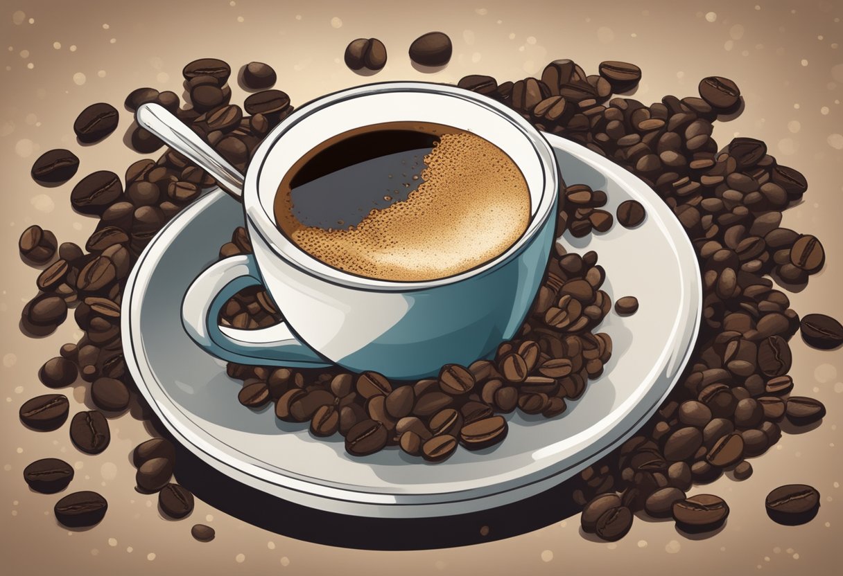 A steaming cup of Vietnamese coffee sits on a rustic saucer, surrounded by scattered coffee beans and a traditional phin filter dripping dark, rich liquid