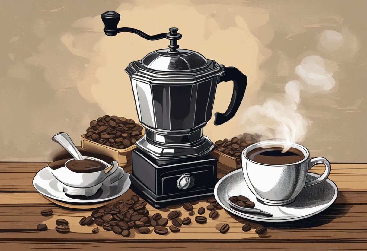 A steaming cup of Vietnamese coffee sits on a rustic wooden table, surrounded by scattered coffee beans and a vintage coffee grinder