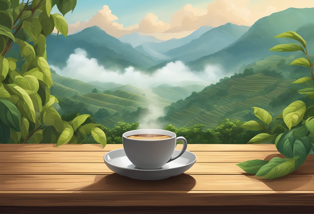 A steaming cup of Colombian coffee sits on a rustic wooden table, surrounded by lush green coffee plants and the misty mountains of the Andes in the background