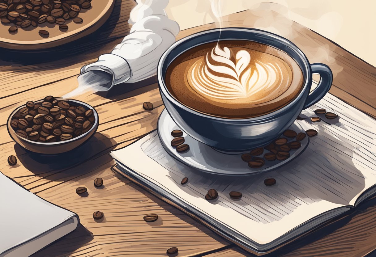 A steaming cup of Colombian coffee sits on a rustic wooden table, surrounded by freshly roasted coffee beans and a small notebook filled with detailed tasting notes