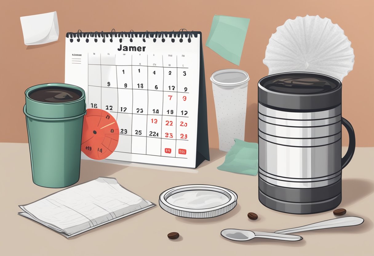 A calendar with a date circled in red, a half-empty coffee can, and a moldy coffee filter