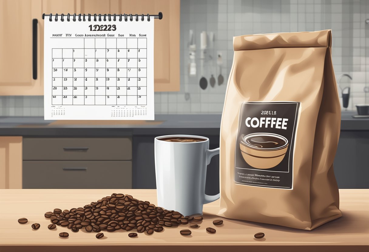 A bag of coffee beans sits on a kitchen counter next to a calendar showing the expiration date. A steaming cup of coffee in the background