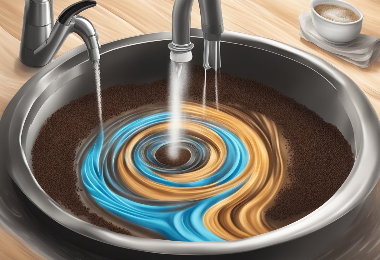 Coffee grounds dissolve in a swirling vortex of water and soap down a kitchen sink drain