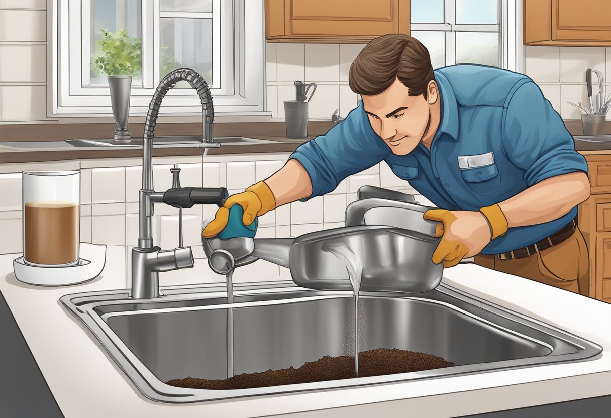 A plumber pouring a dissolving agent down a kitchen sink drain clogged with coffee grounds