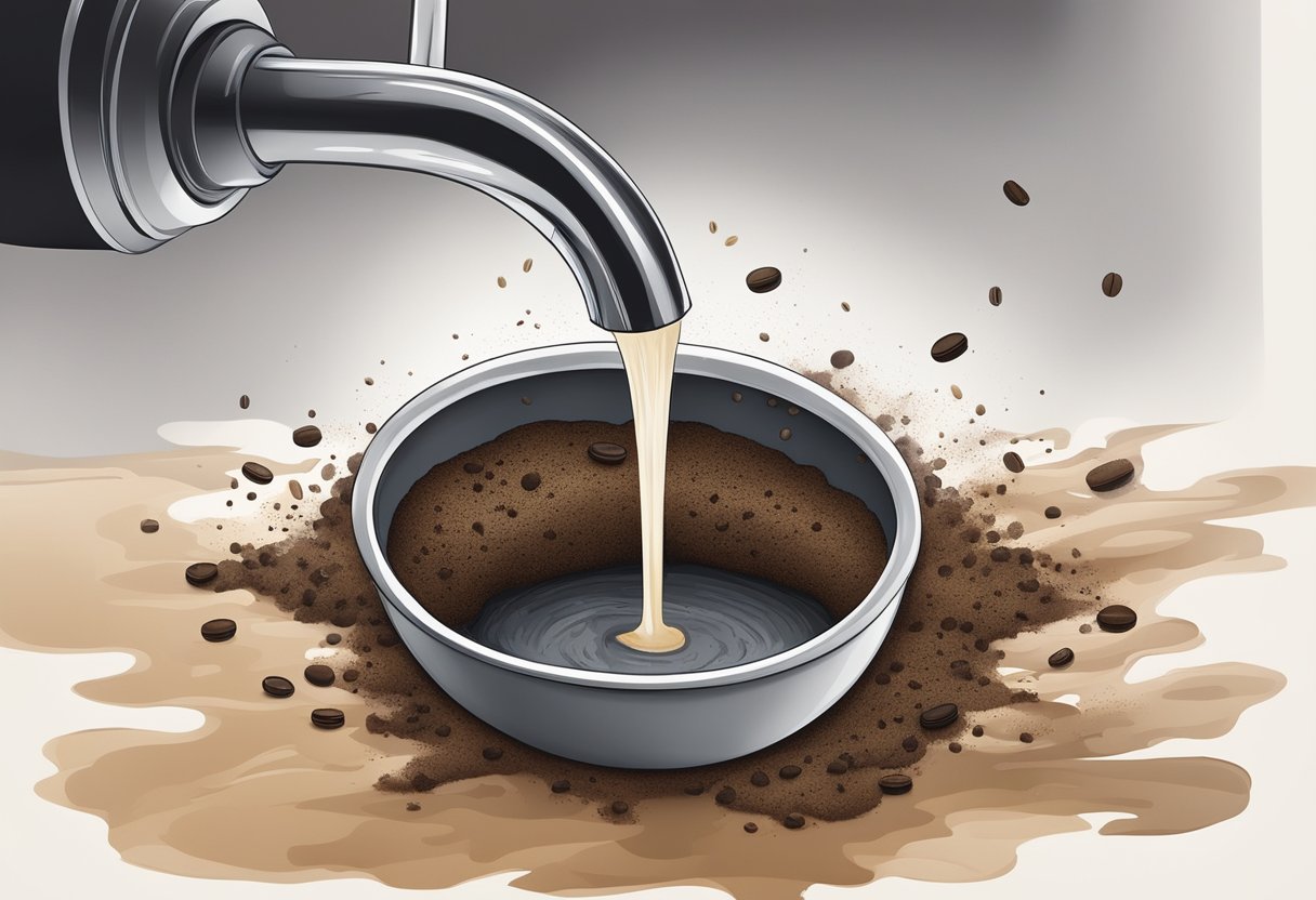 A clogged drain with coffee grounds slowly dissolving as natural solutions are poured down the drain