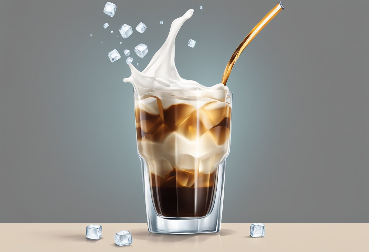 A glass filled with ice cubes, pouring Nescafe coffee over the ice, followed by pouring cold milk into the glass