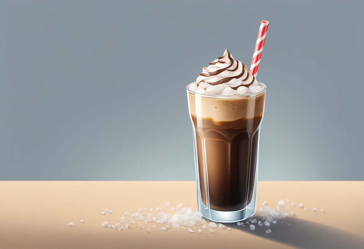 A glass filled with ice cubes, topped with Nescafe coffee and milk, with a straw and a sprinkle of cocoa powder on top