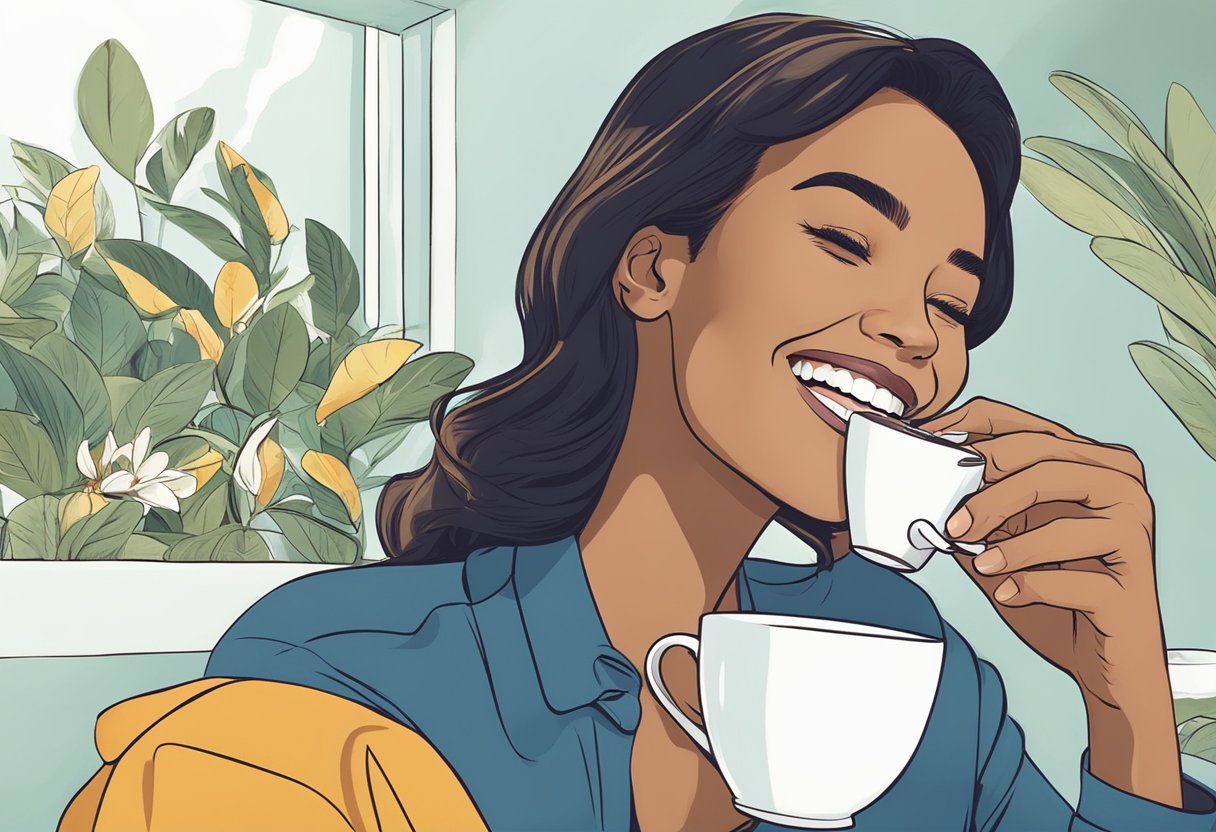 A person sipping a cup of coffee, then smiling to reveal clean, white teeth