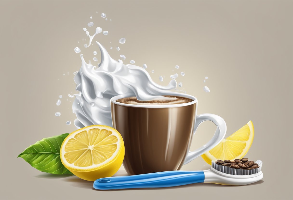 A cup of coffee spills onto a toothbrush and toothpaste, with a lemon and baking soda nearby