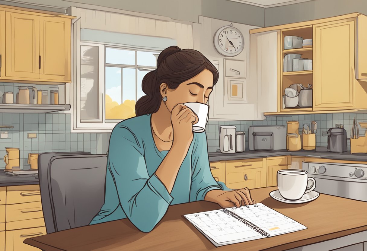 A person sitting at a kitchen table, with a steaming cup of coffee placed out of reach, a calendar on the wall with a countdown to the recommended date for drinking coffee after wisdom tooth extraction