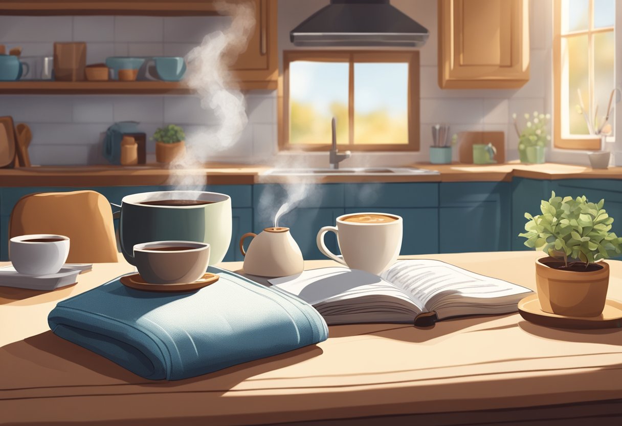 A cozy, sunlit kitchen with a steaming cup of coffee on the counter, surrounded by soft blankets and a book, symbolizing the healing process and recovery time after wisdom tooth extraction