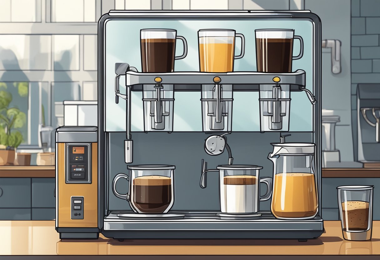 A large brewing machine fills a gallon-sized glass container with freshly brewed coffee