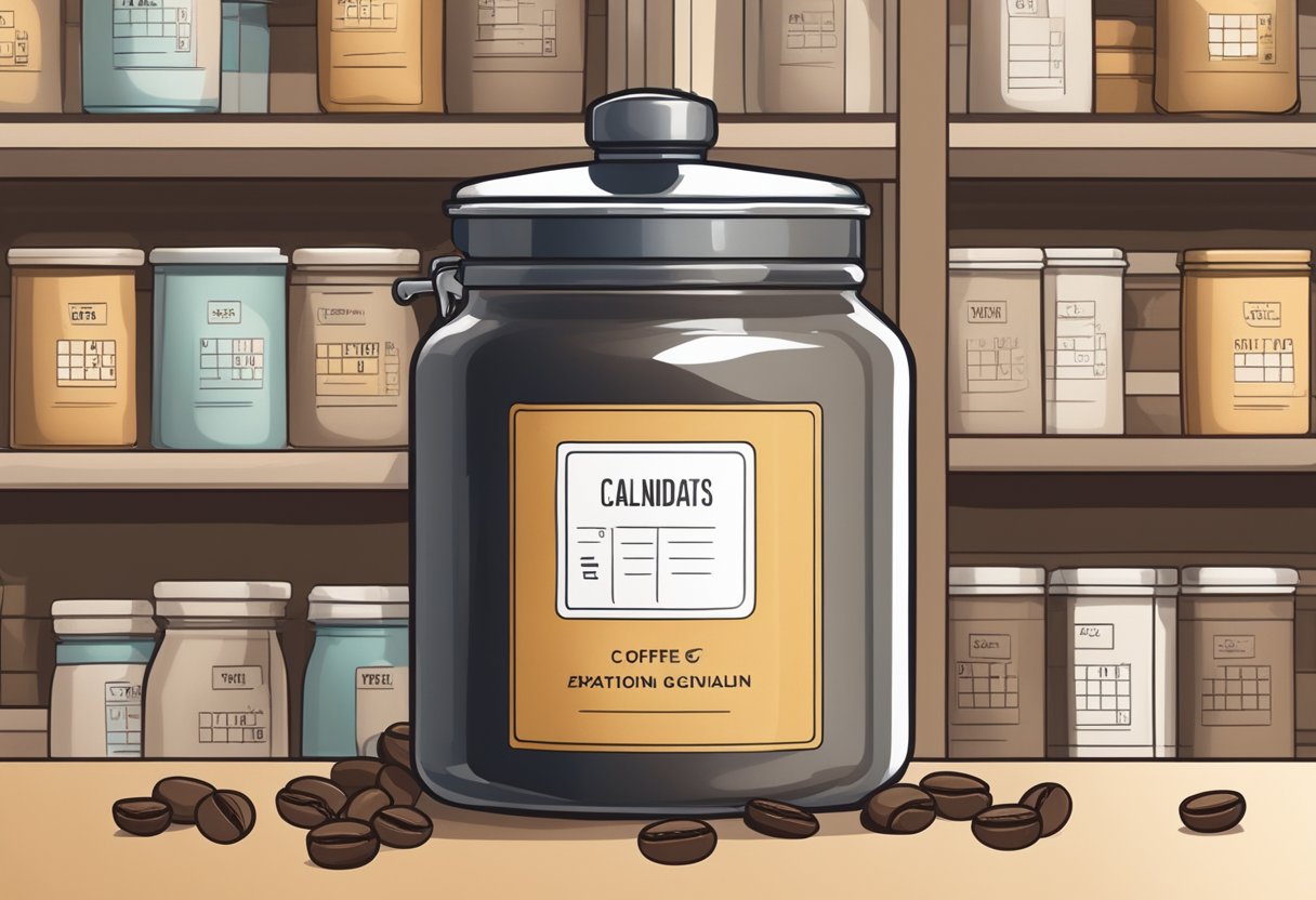 Airtight coffee canister on a shelf, surrounded by coffee beans and a calendar showing the expiration date