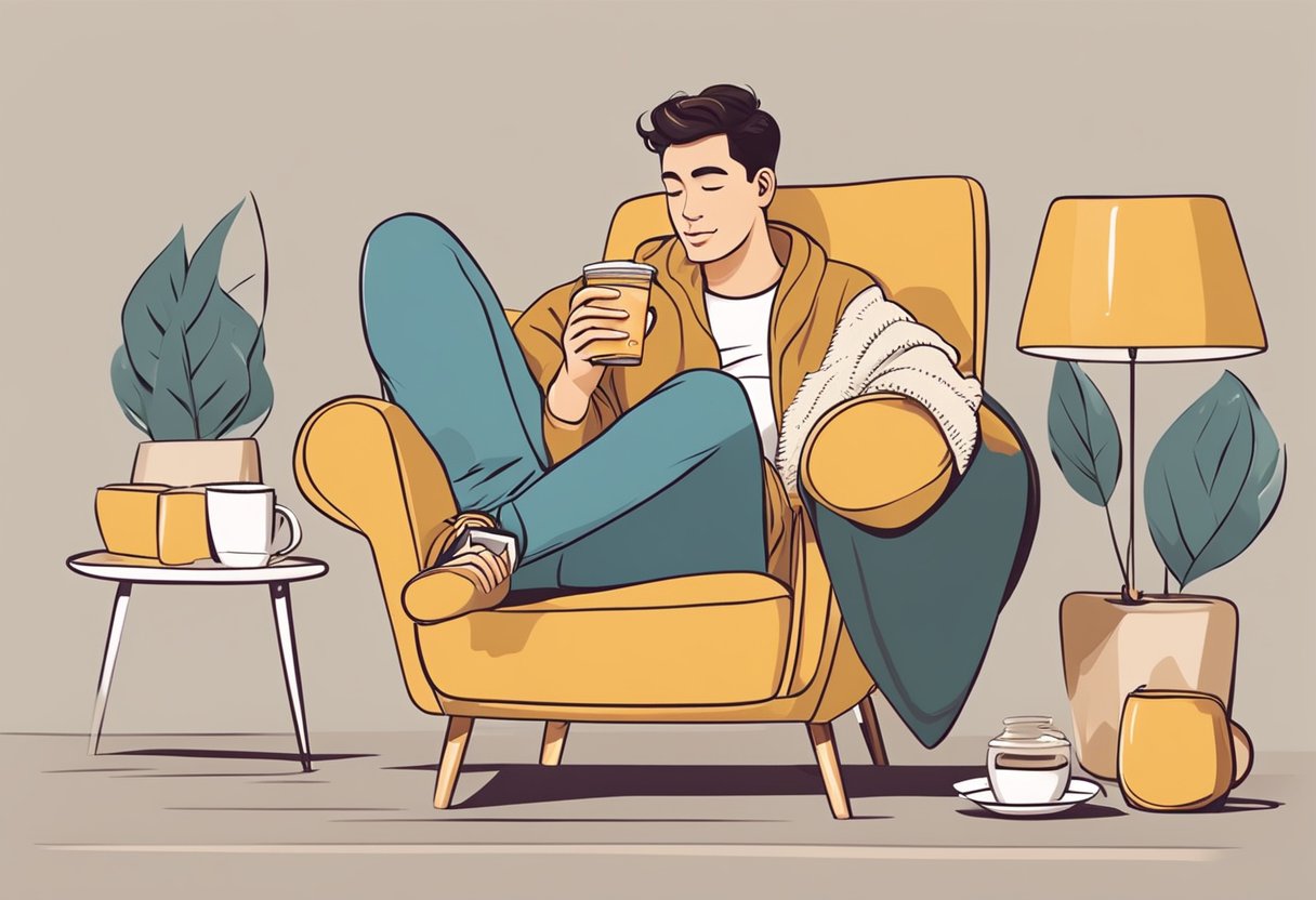 A person holding an iced coffee with a straw, sitting in a comfortable chair, surrounded by soft pillows and a cozy blanket