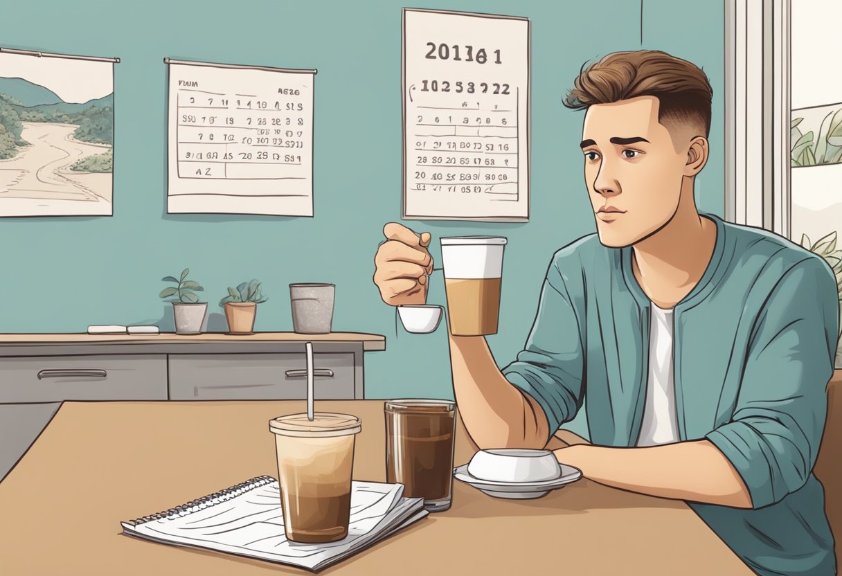 A person sitting at a table with a cup of iced coffee, but with a sad expression, while a calendar on the wall shows the date of their wisdom teeth removal surgery