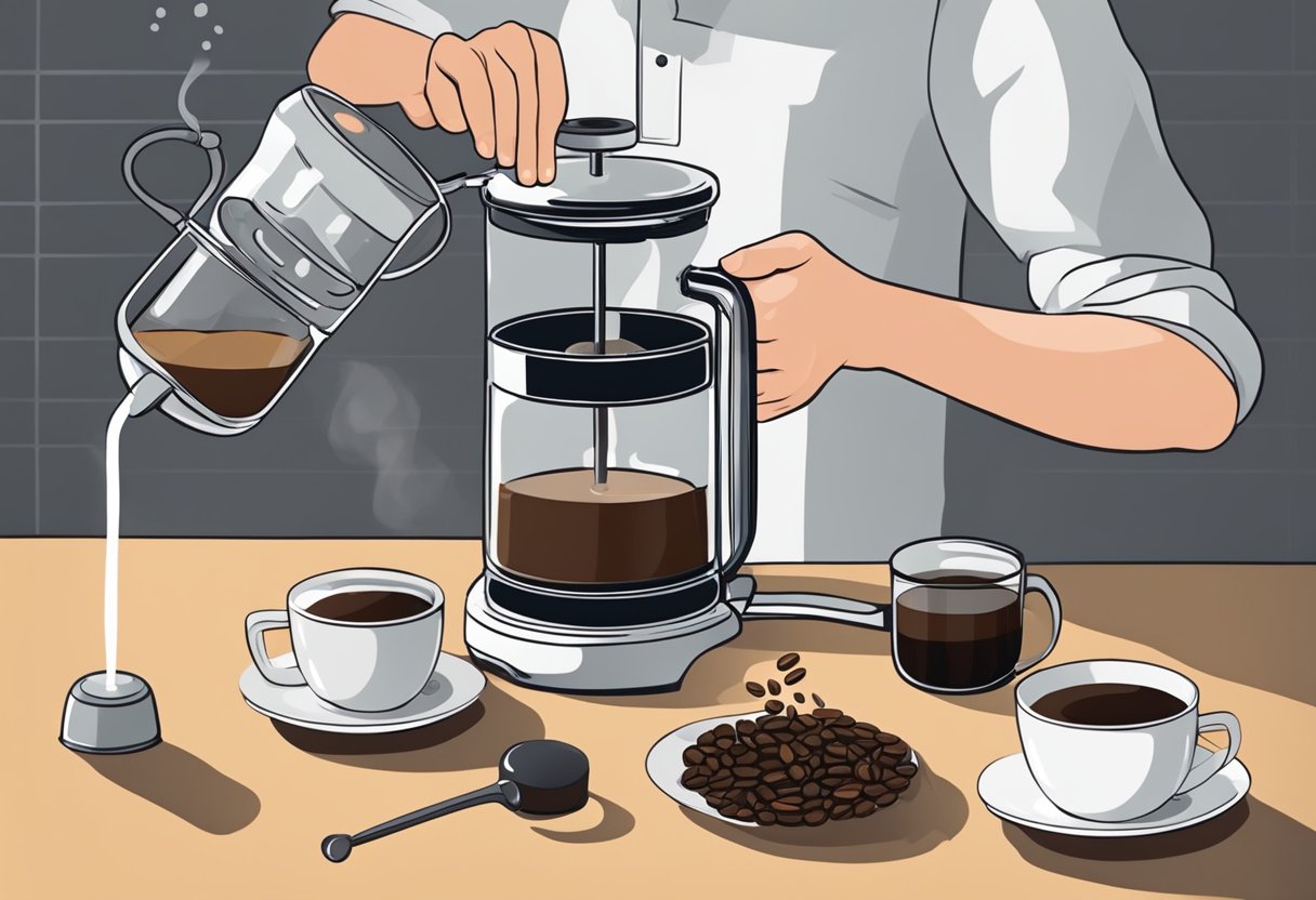 A person pours hot water over ground coffee in a French press, then waits for it to steep before pressing the plunger and pouring the freshly brewed coffee into a cup