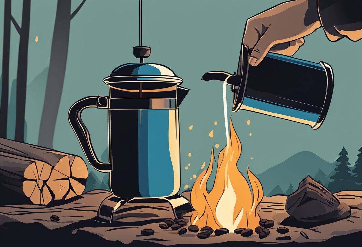 A person using a French press to brew coffee over a campfire