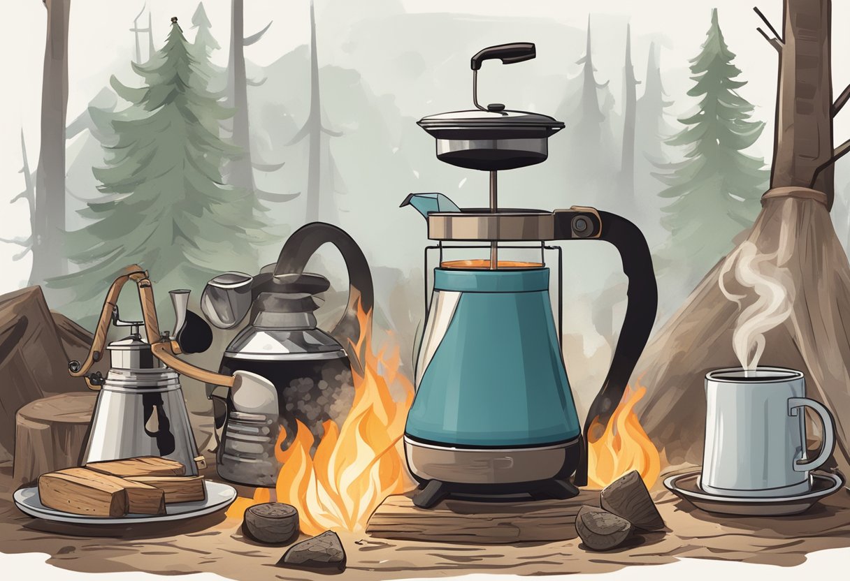 A rustic campfire with a kettle suspended over it, surrounded by various alternative brewing tools such as a French press, pour-over cone, and Aeropress