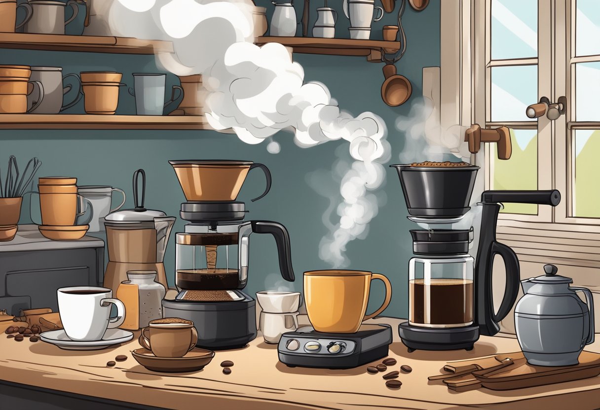 A steam rises from a brewing coffee pot, surrounded by various coffee-making tools and ingredients, within a cozy and inviting kitchen setting