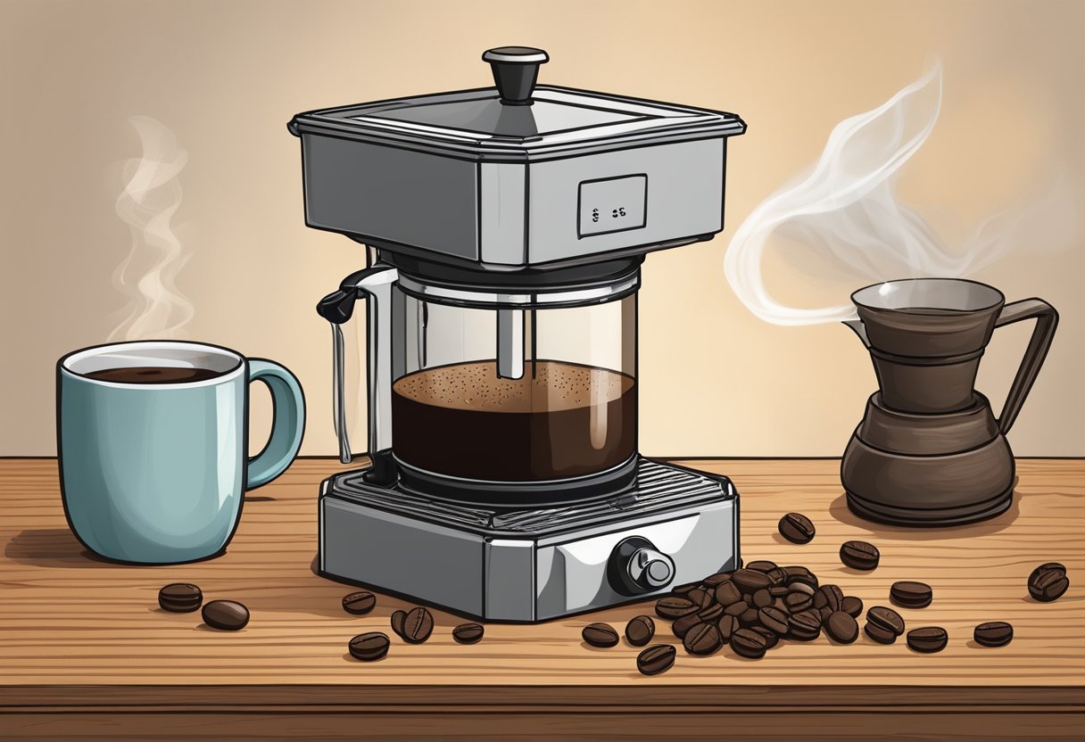 A hand reaching for a bag of coffee beans, a grinder, and a French press on a wooden countertop, with steam rising from a cup of freshly brewed coffee