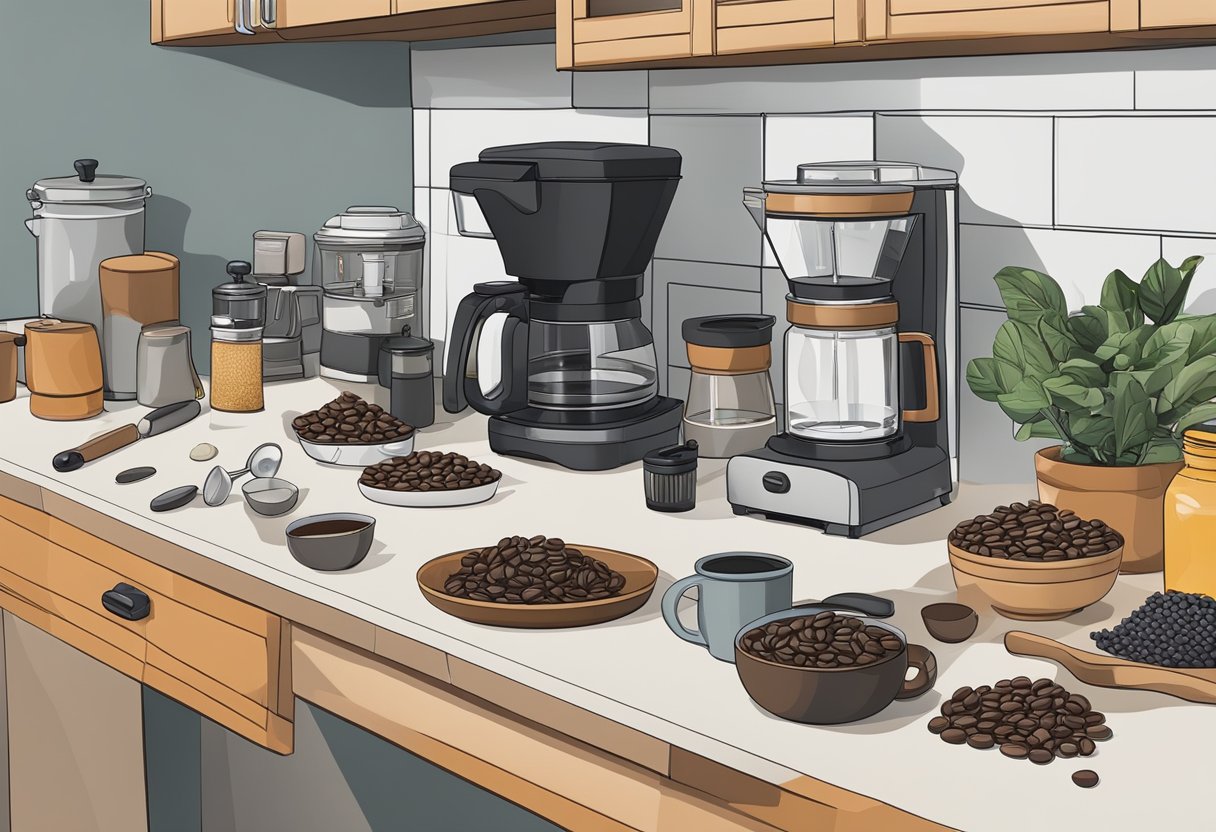 A cluttered kitchen counter with a coffee maker, grinder, beans, and various tools scattered around