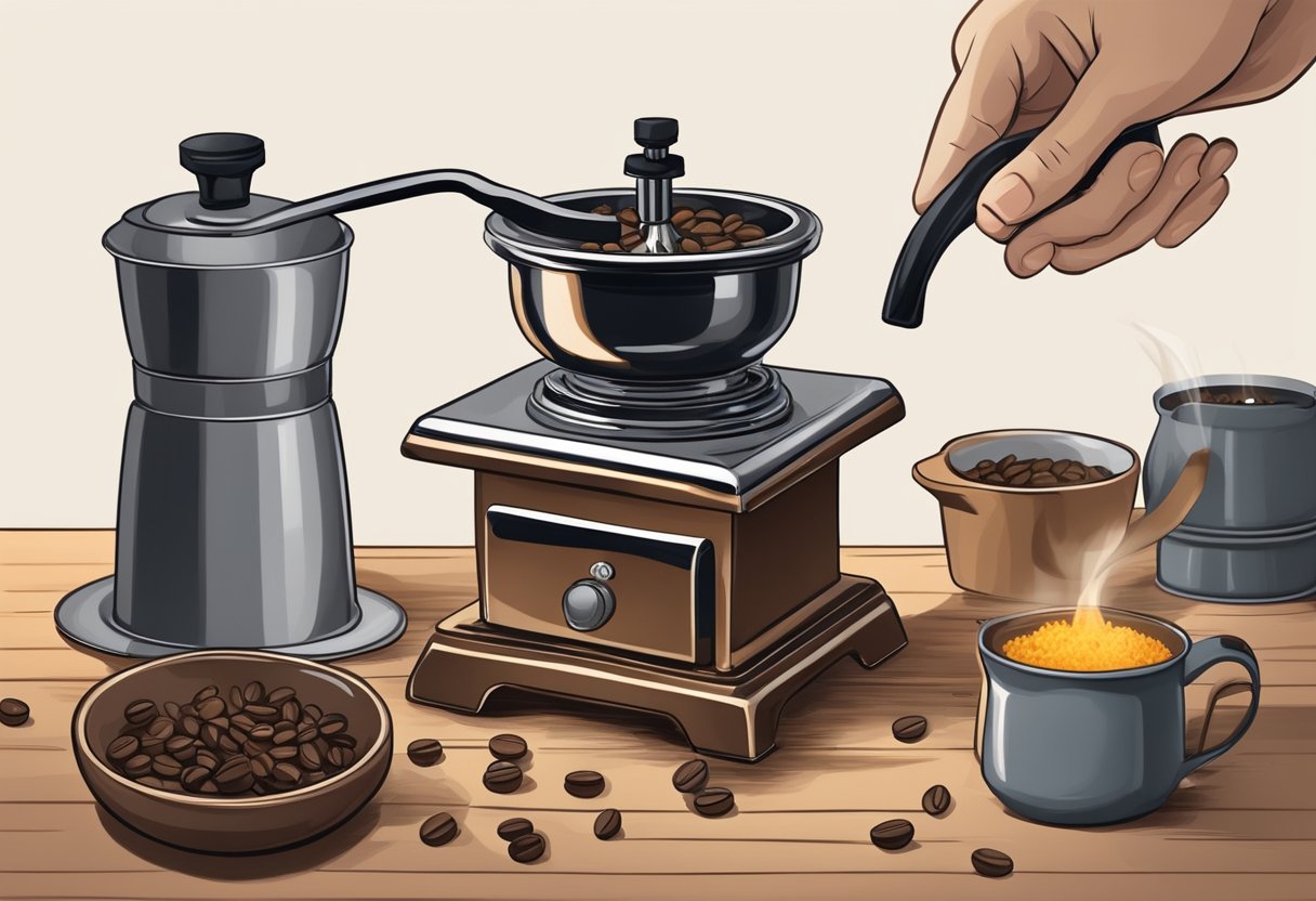 A person using a manual coffee grinder to crush coffee beans. Nearby, a pot of water boils over an open flame on a portable camp stove