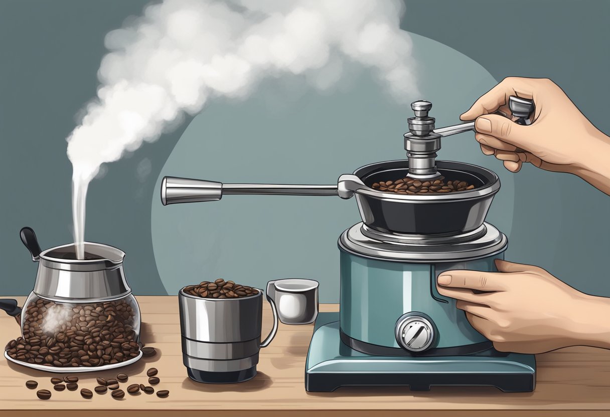 A person using a manual coffee grinder to grind coffee beans, while a kettle sits on a gas stove, steaming as water boils