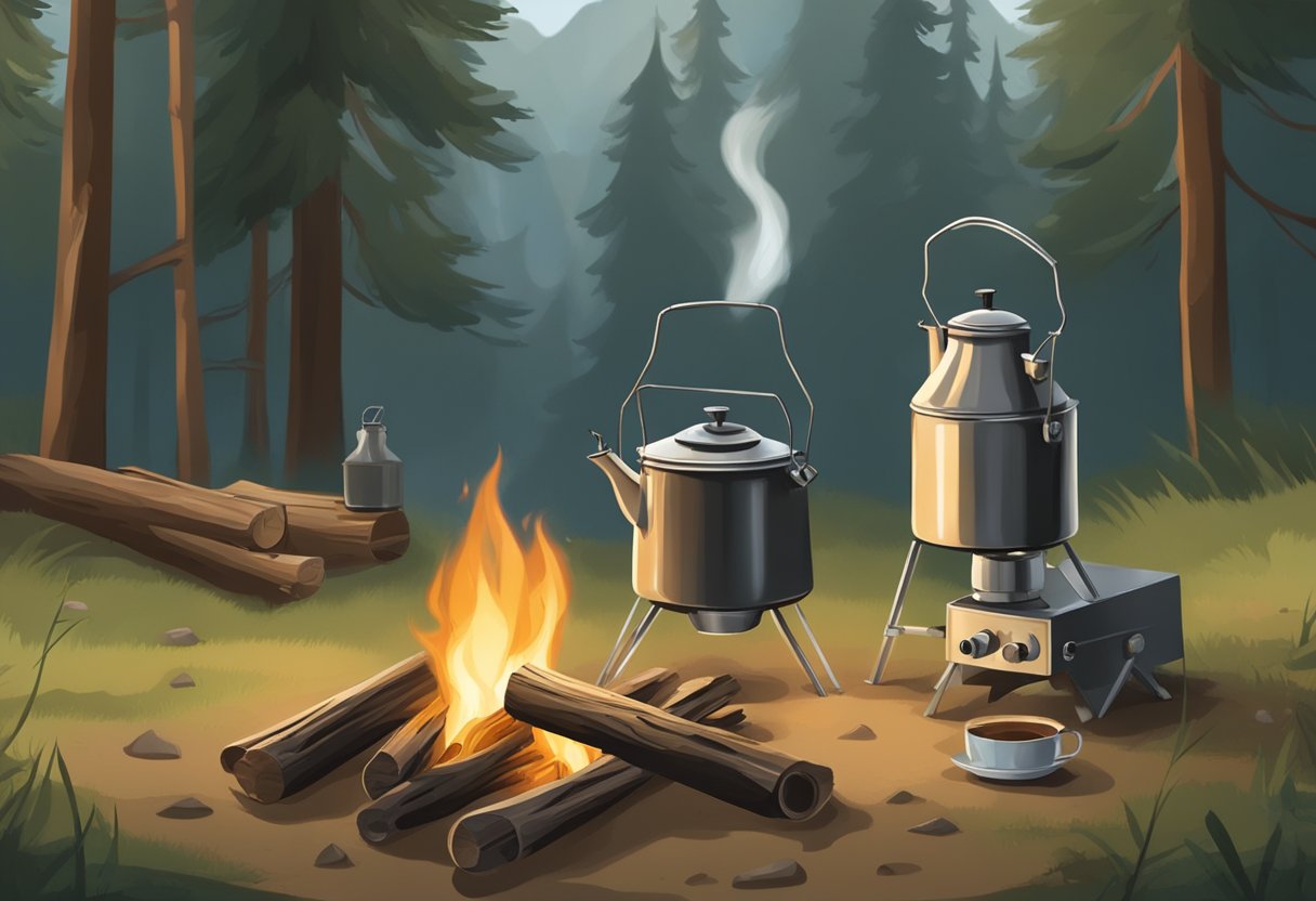 A rustic camping scene with a campfire, a metal percolator, and a kettle on a tripod over the flames