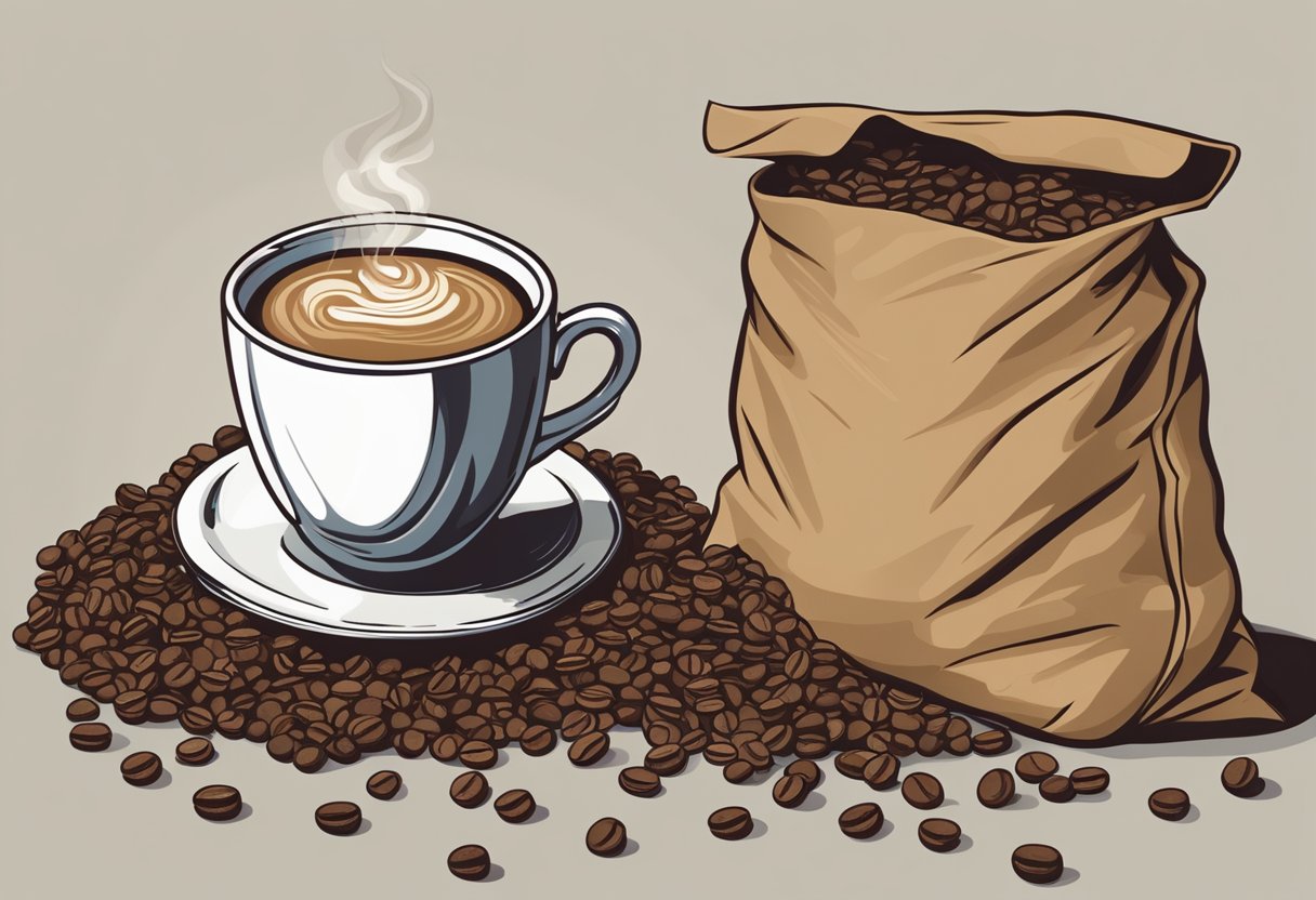 A steaming cup of decaf coffee sits next to a discarded bag of coffee beans. The bitter taste is depicted by a crumpled face and a grimace