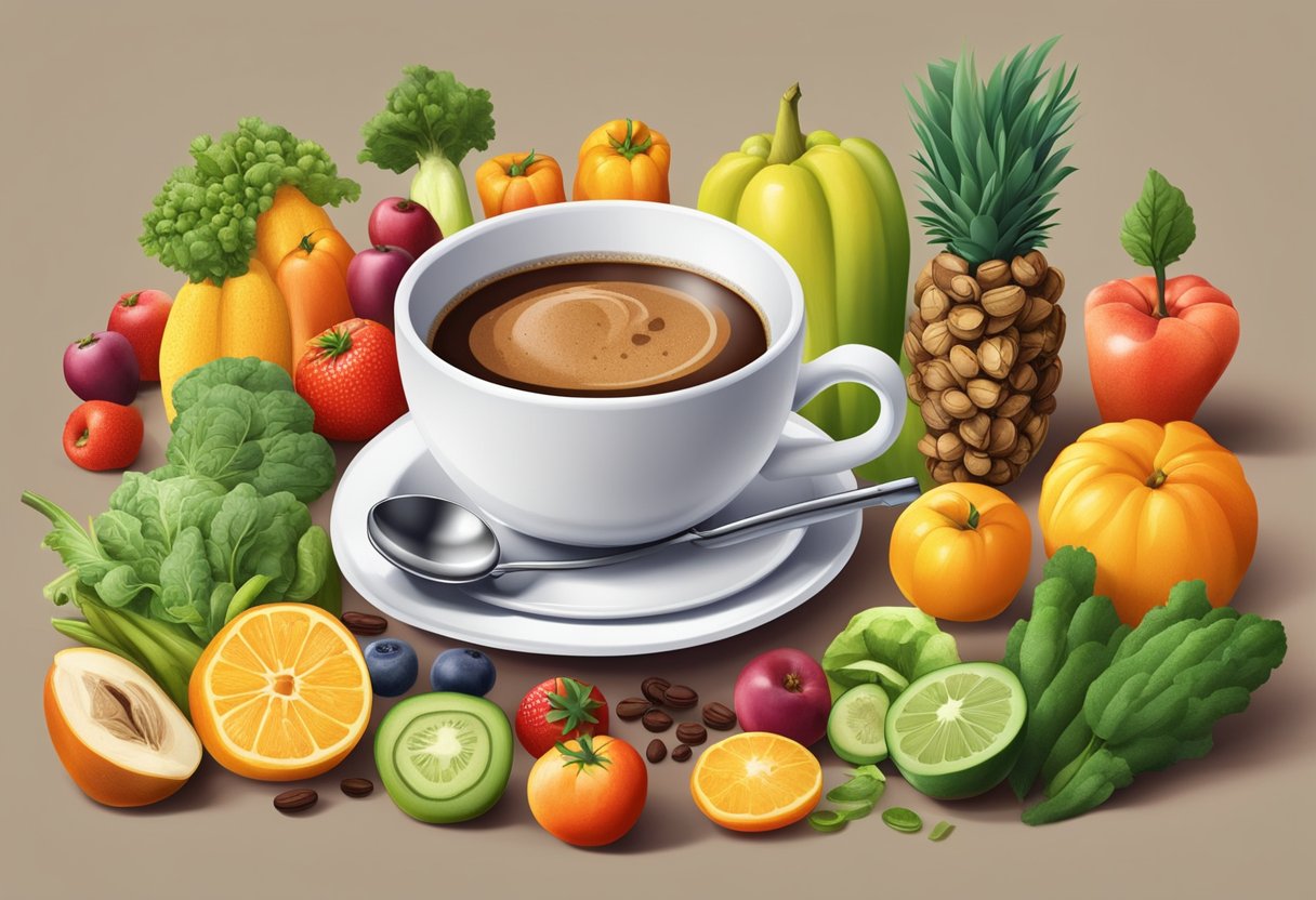 A steaming cup of decaf coffee surrounded by various colorful fruits and vegetables, with a doctor's stethoscope resting on the table