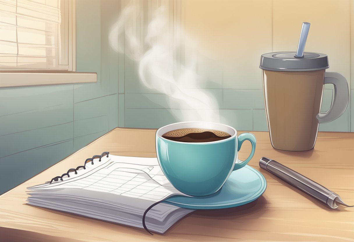 A steaming cup of coffee sits on a table next to a calendar, indicating the passage of time after a root canal procedure